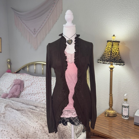 Y2K Brown Ruffled Cardigan - Picture 2 of 11